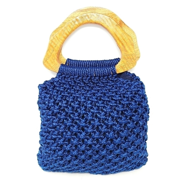 Unbranded | Blue Weaved Bag w/ Wooden Handles (One Size) - Picture 1 of 13